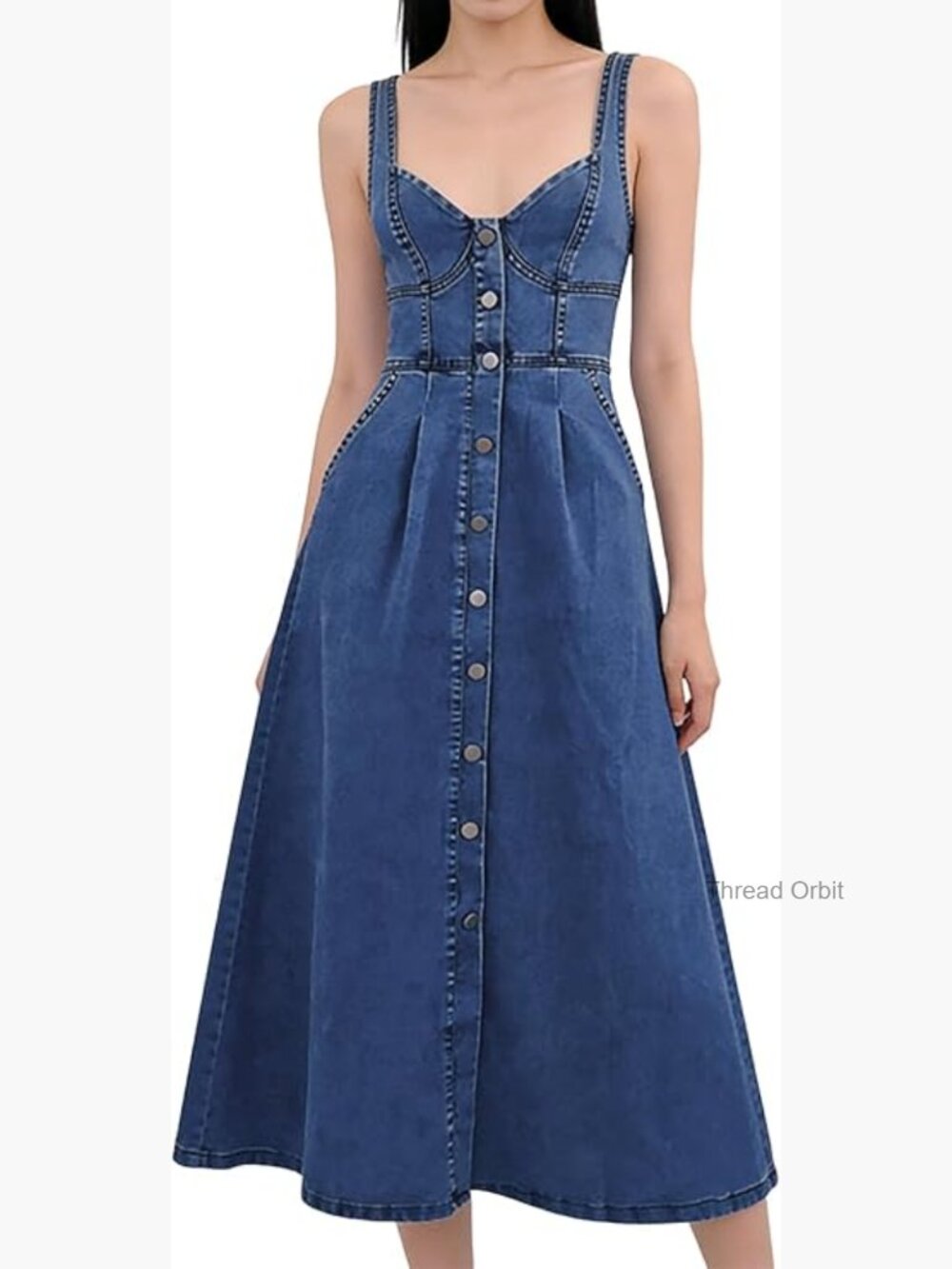 Sleeveless Denim Midi Dress Slim Fit Button Down Backless Formal